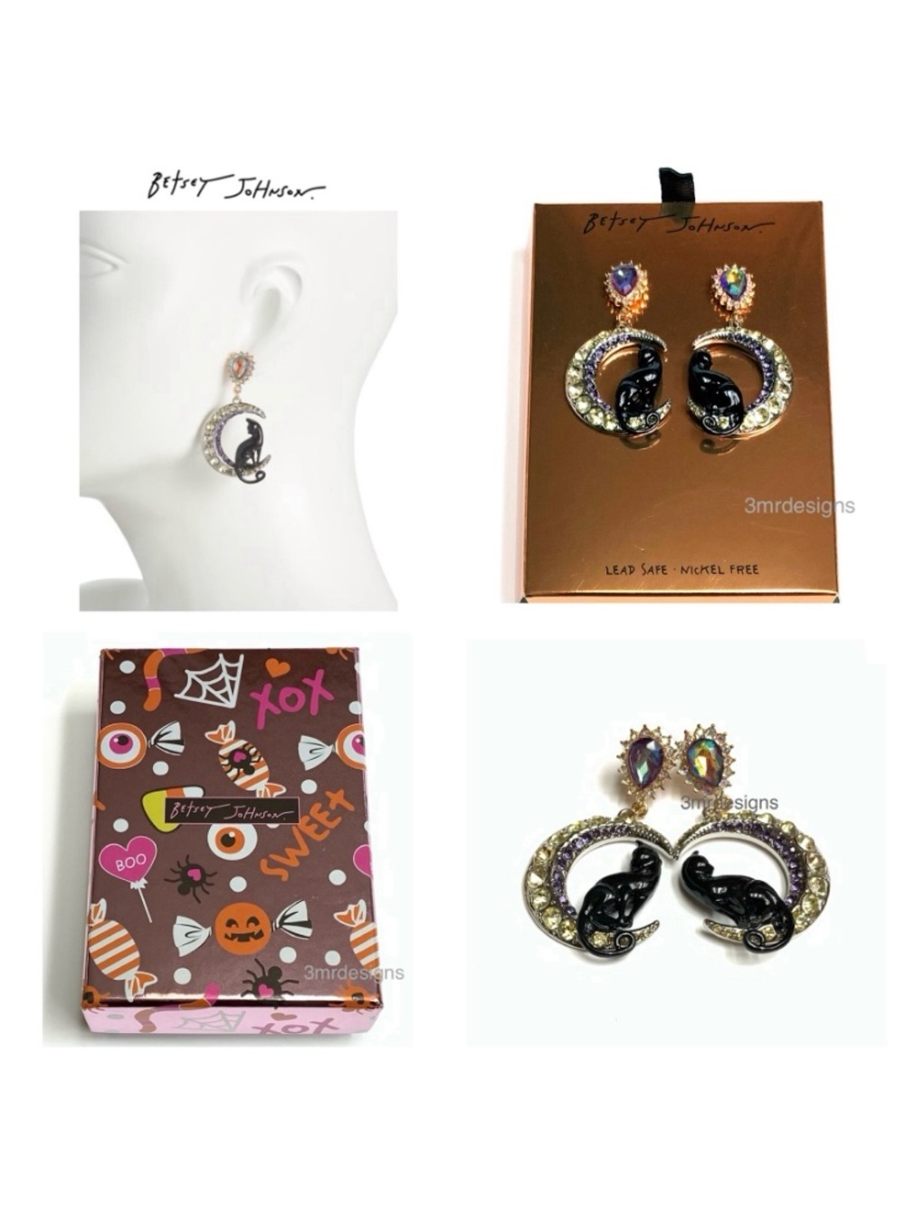 NWT Betsey Johnson 💋BLACK CAT & MOON Gold/ Silver Tone Glass Crystals Drop Earri